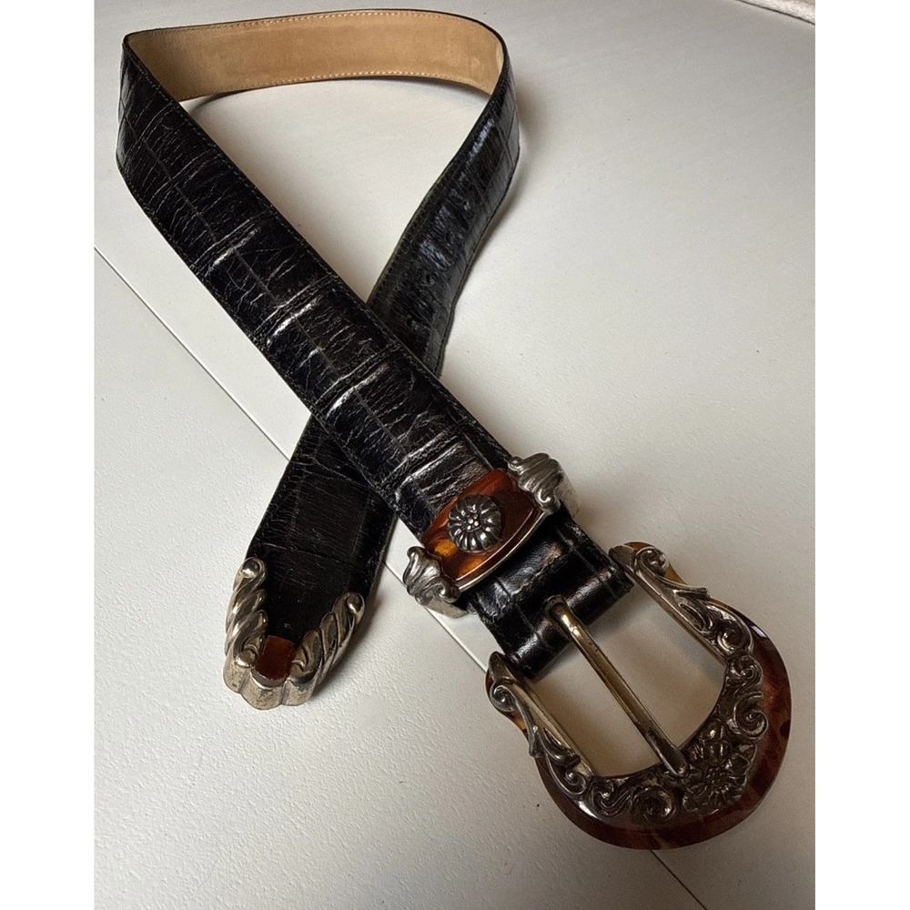 Brighton Black Croc Embossed Leather Belt Silver Tone Buckle Women Medium Read